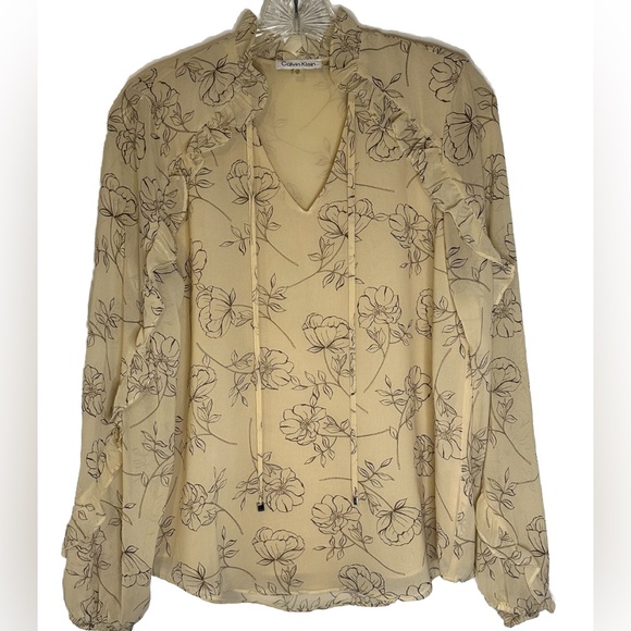 Calvin Klein Tops - Calvin Klein Long Sleeve Ruffled Sheer Floral V-neck Tan Blouse‎  Pre-owned XS